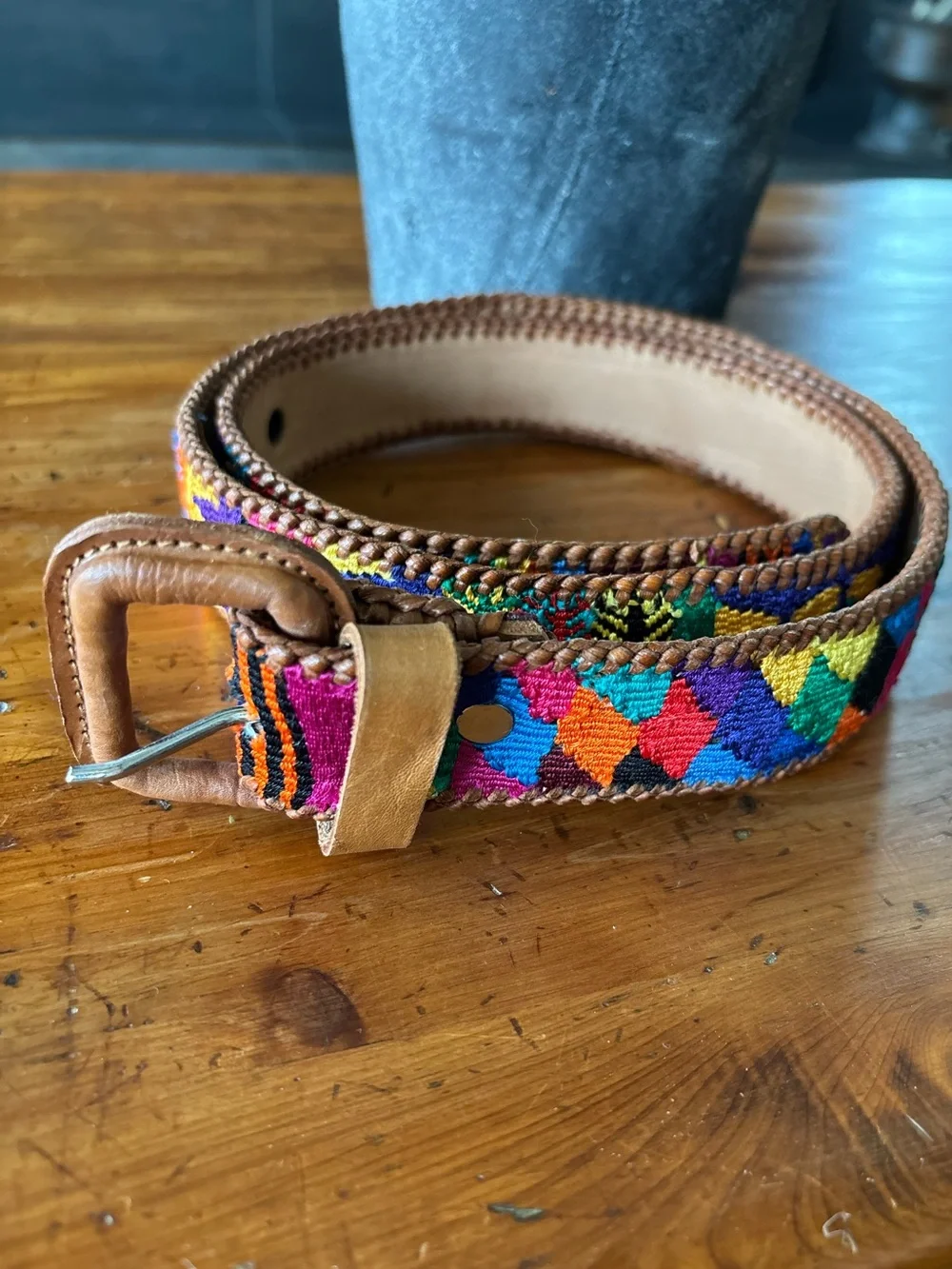 Handmade Guatemala Embroidered Textile Belt, Leather, Unisex, Artisan Vibrant 36